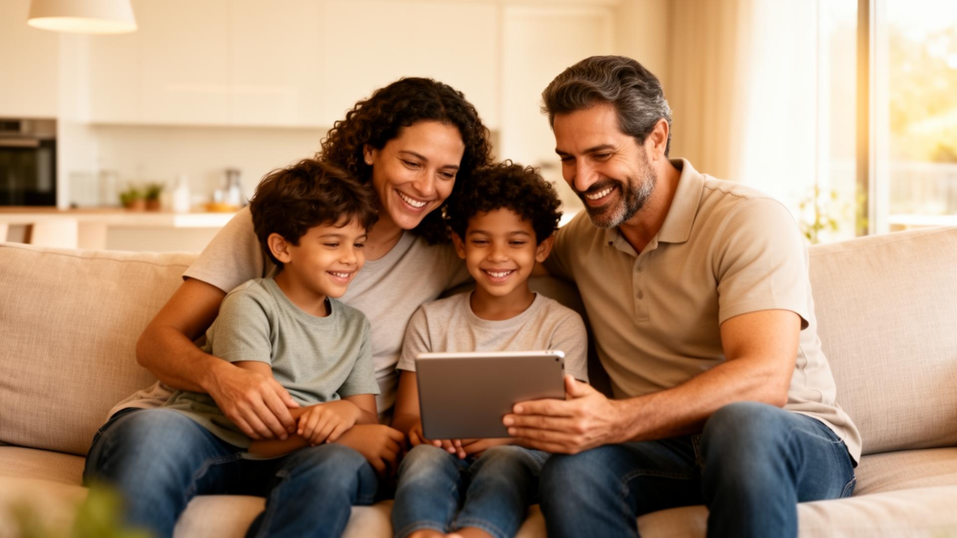 Família reunida em casa em momento de planejamento